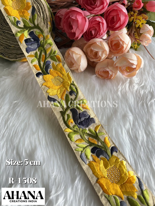 Misha Slub Dupion Multicolor Lace - Beige base with yellow thread work