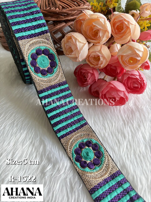 Jiya Dupion Zari Resham Lace - Black base with Blue-Purple thread work