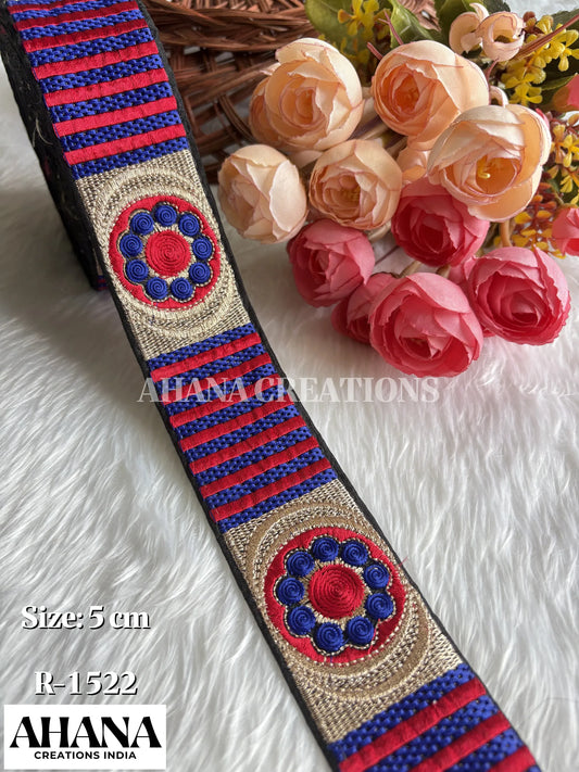 Jiya Dupion Zari Resham Lace - Black base with Red-Blue thread work