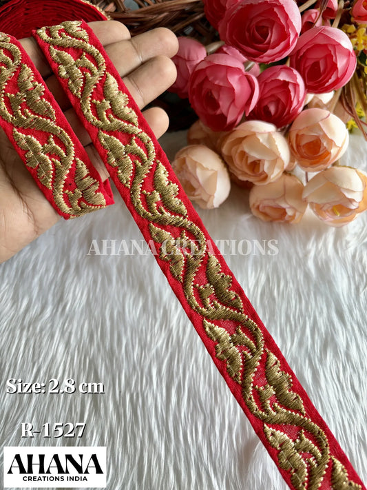 Aira Dupion Zari Lace - Red base with Golden Zari work