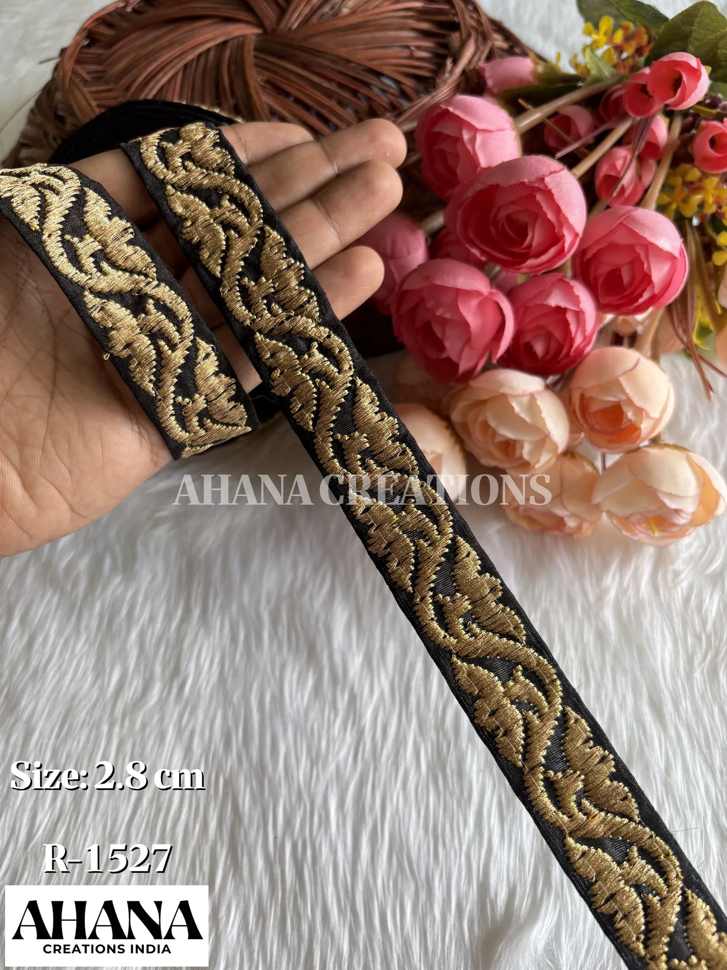 Aira Dupion Zari Lace - Black base with Golden Zari work