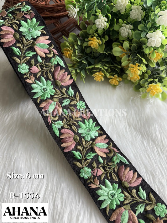 Premium Slub Multicolor Lace - Black base with Sea green floral thread work