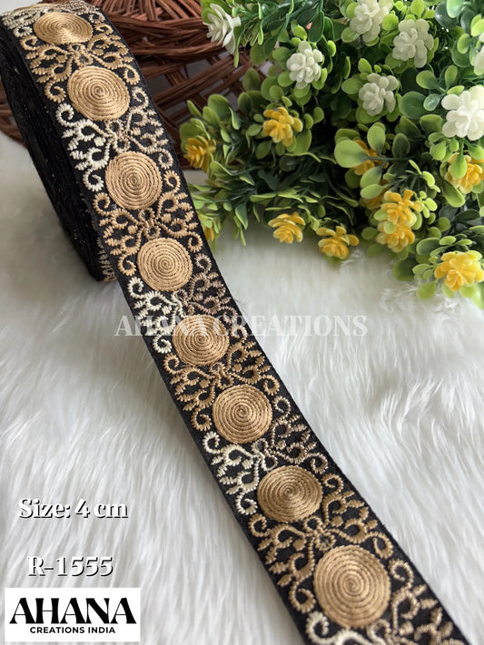 Premium Slub Multicolor Lace - Black base with Geometrical Chikoo thread work