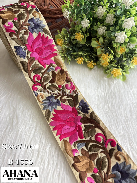 Premium Slub Multicolor Lace - Chikoo base with Rani floral thread work