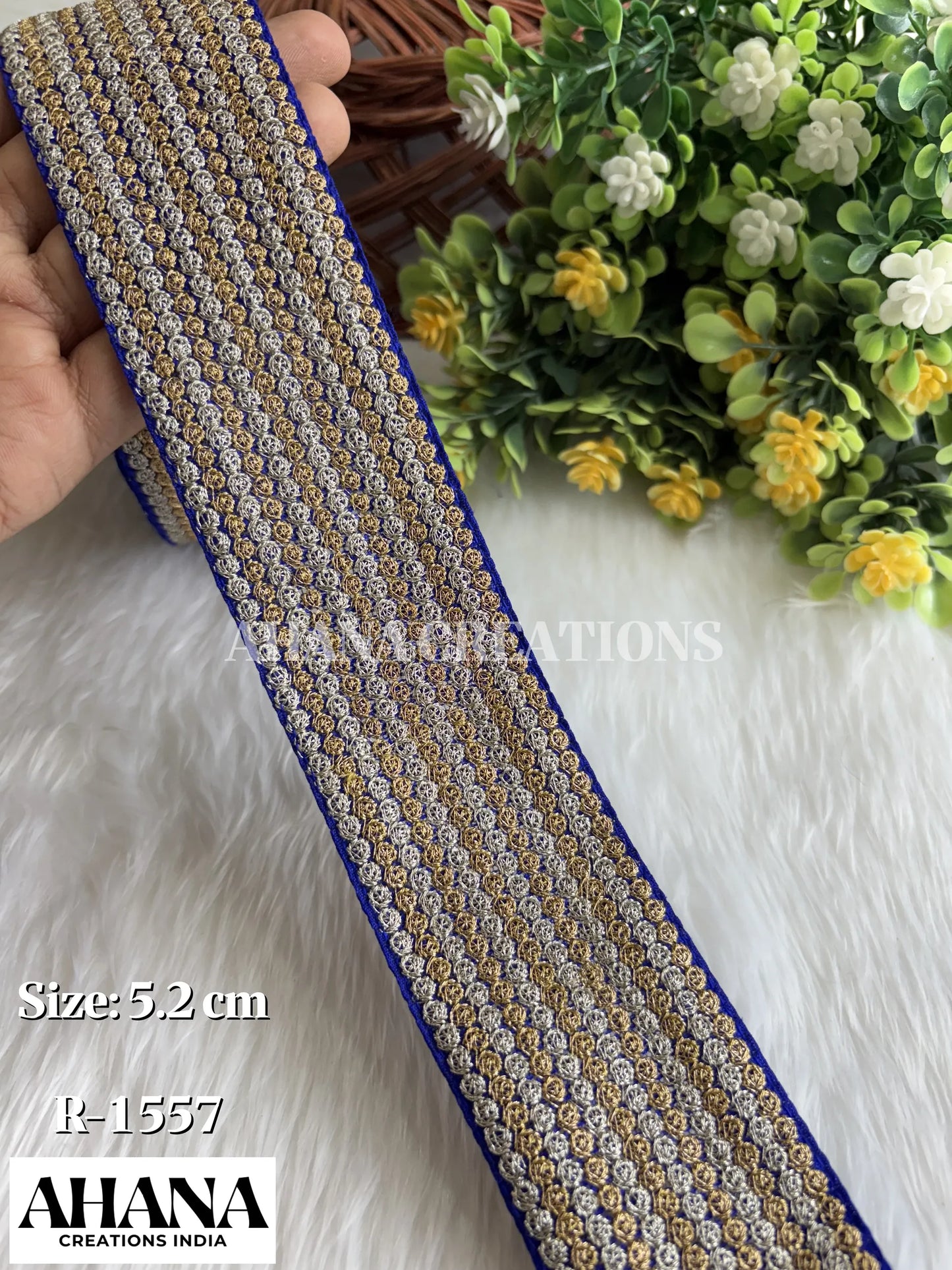 Meira Slub Zari Lace - Dark Blue base with Golden and silver zari work