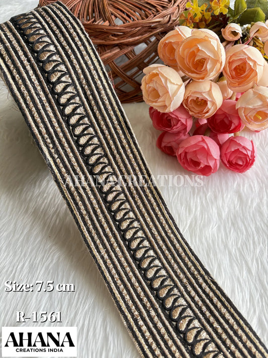 Haya Lama Mono Zari Lace - Gold base with Black resham and antique zari work