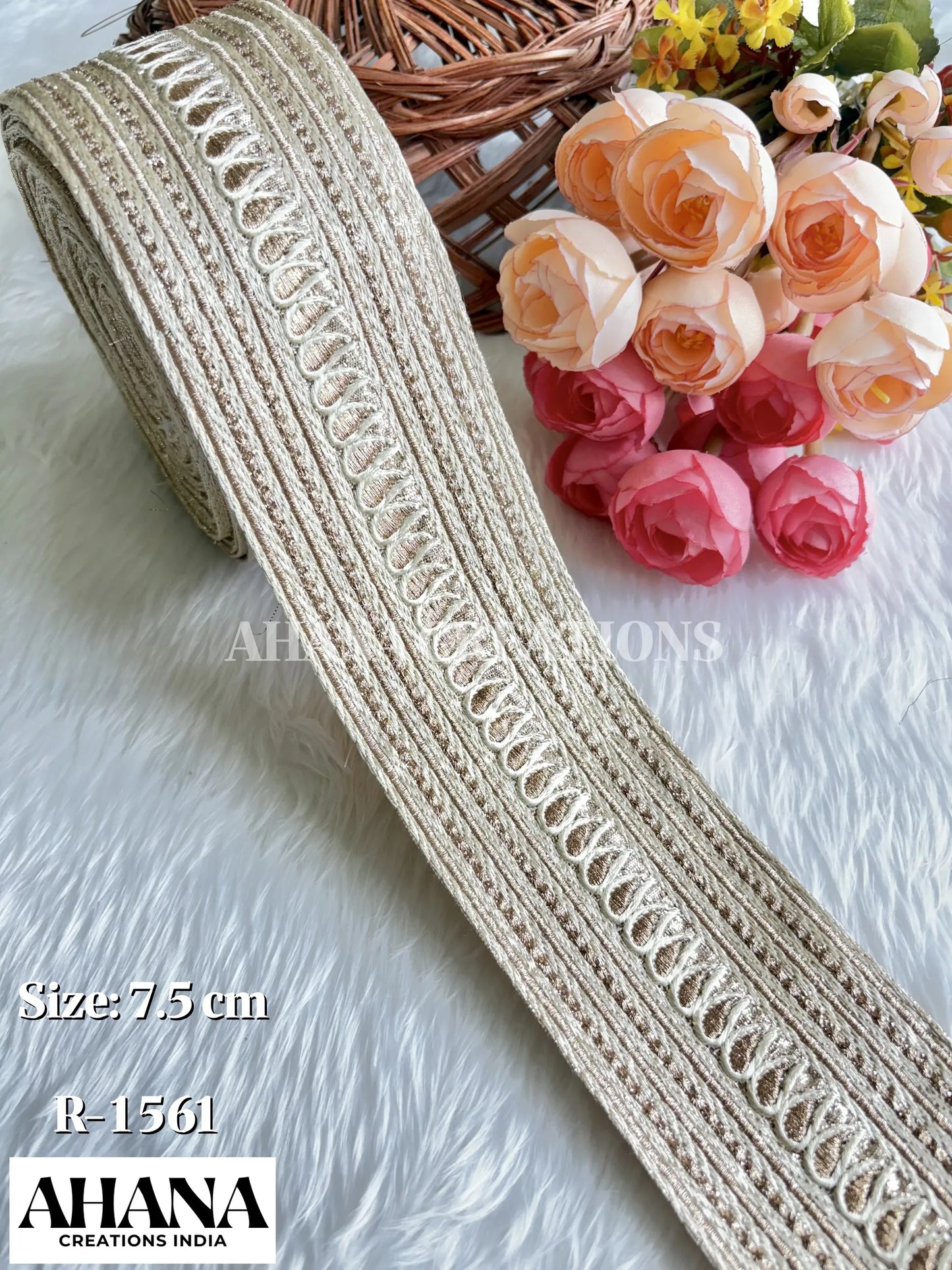 Haya Lama Mono Zari Lace - Gold base with White resham and antique zari work