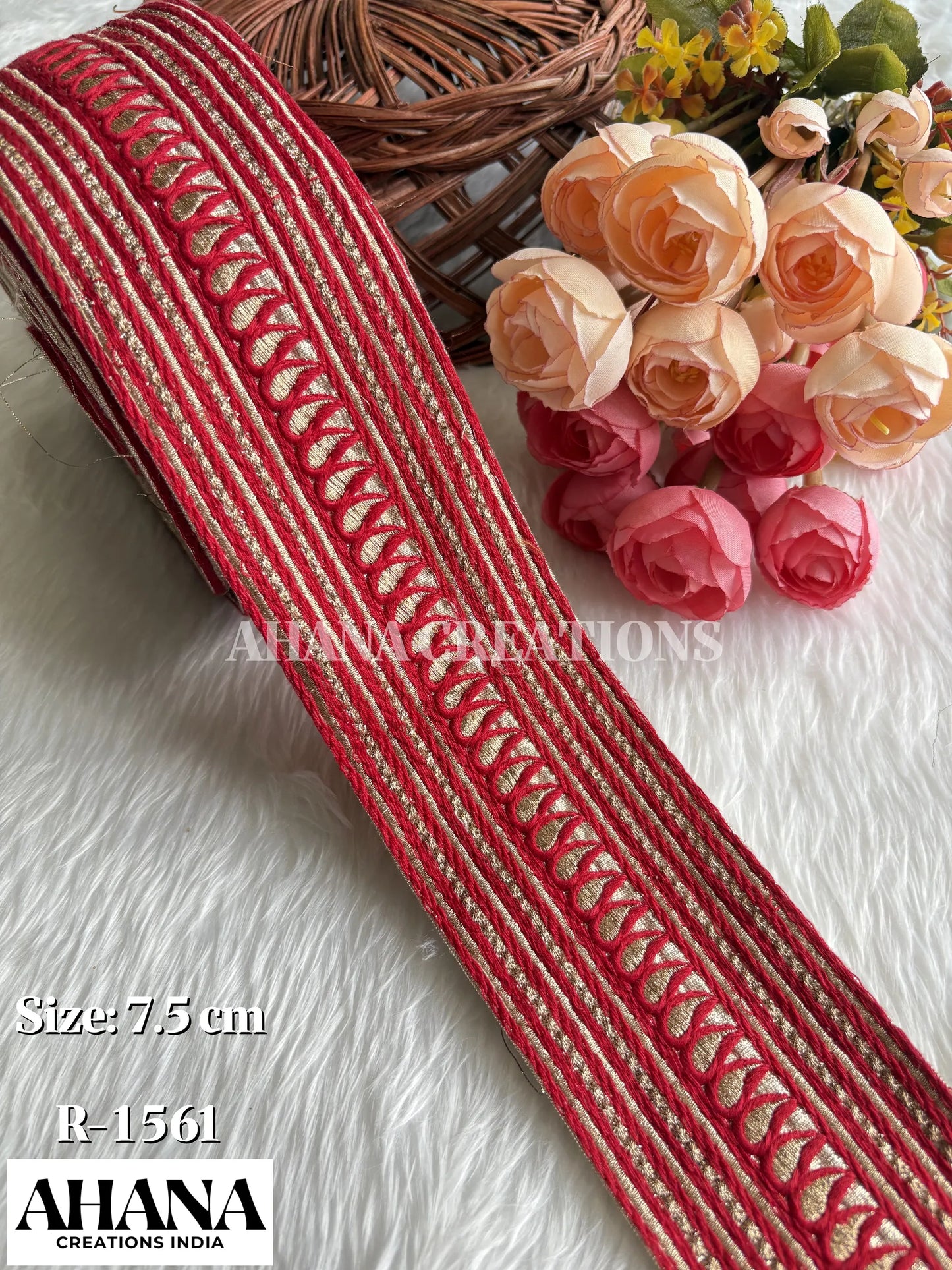 Haya Lama Mono Zari Lace - Gold base with Red resham and antique zari work