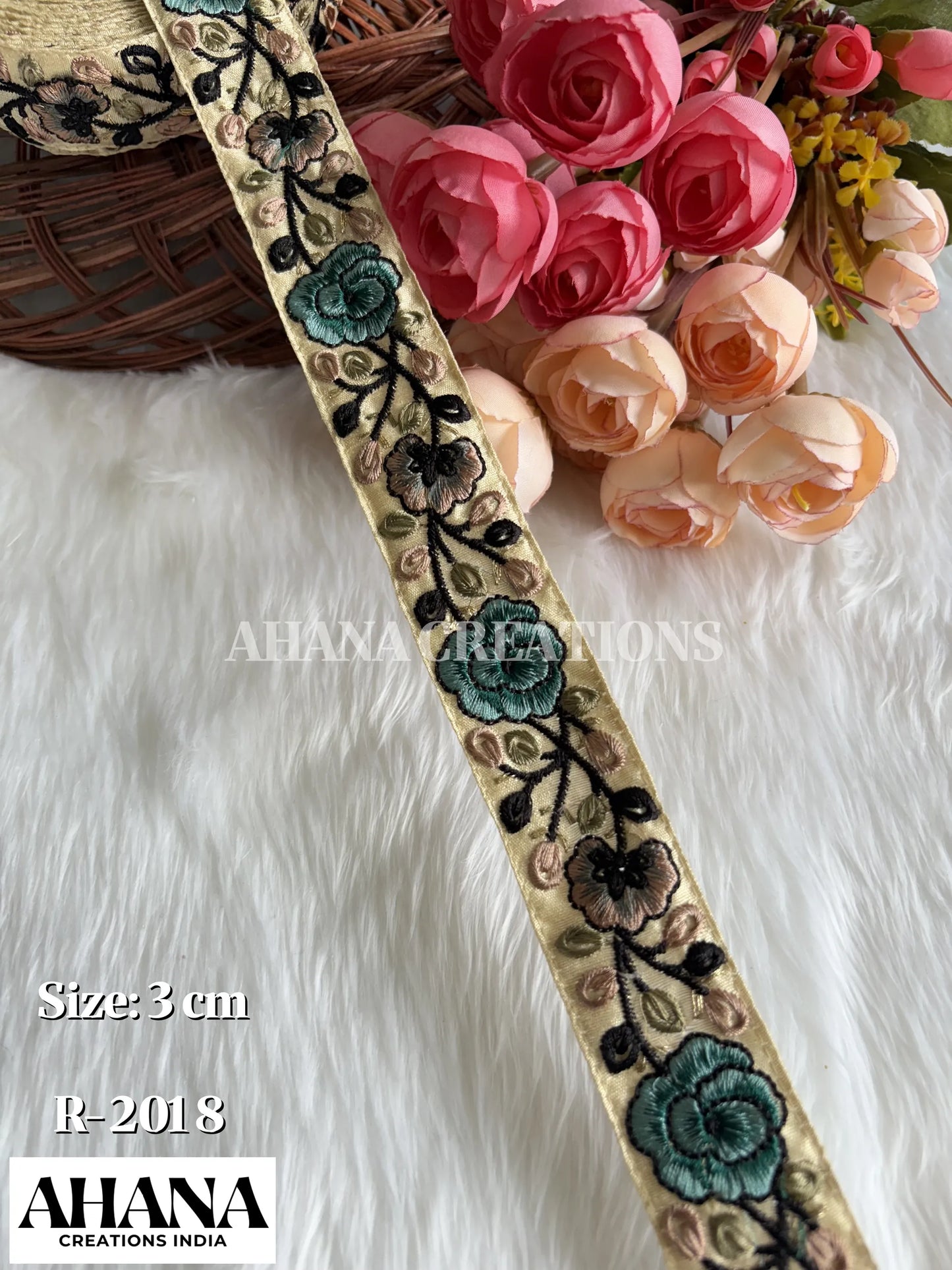 Sana Dupion Multicolor Lace - Beige base with Greenish blue floral thread work