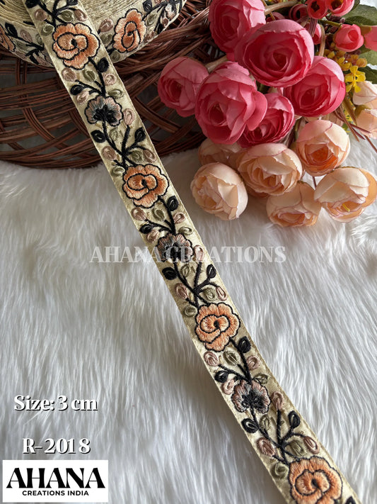 Sana Dupion Multicolor Lace - Beige base with Colarado Peach floral thread work