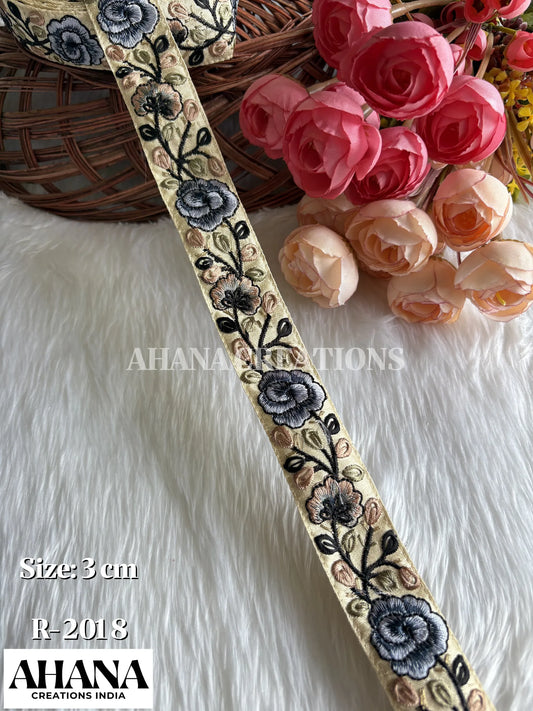 Sana Dupion Multicolor Lace - Beige base with Greyish Blue floral thread work