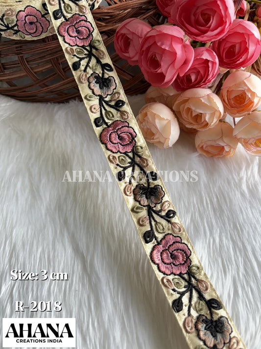 Sana Dupion Multicolor Lace - Beige base with Rose pink floral thread work