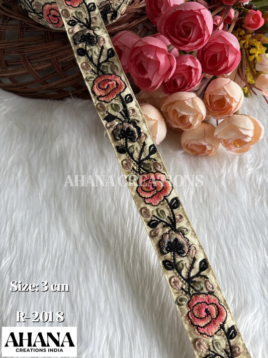 Sana Dupion Multicolor Lace - Beige base with Light Peach floral thread work