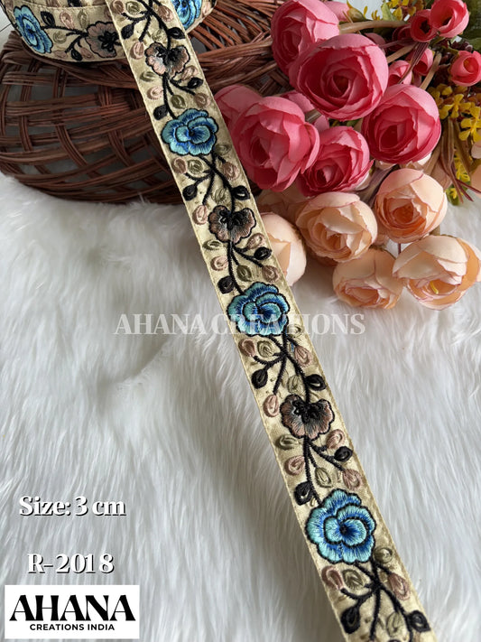 Sana Dupion Multicolor Lace - Beige base with Cyan blue floral thread work
