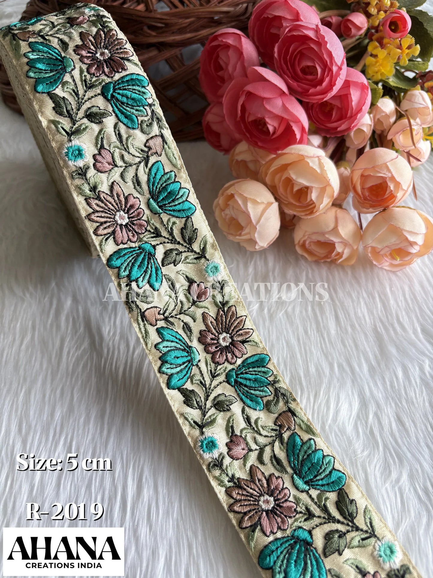 Lira Dupion Multicolor Lace - Beige base with Firoza floral thread work