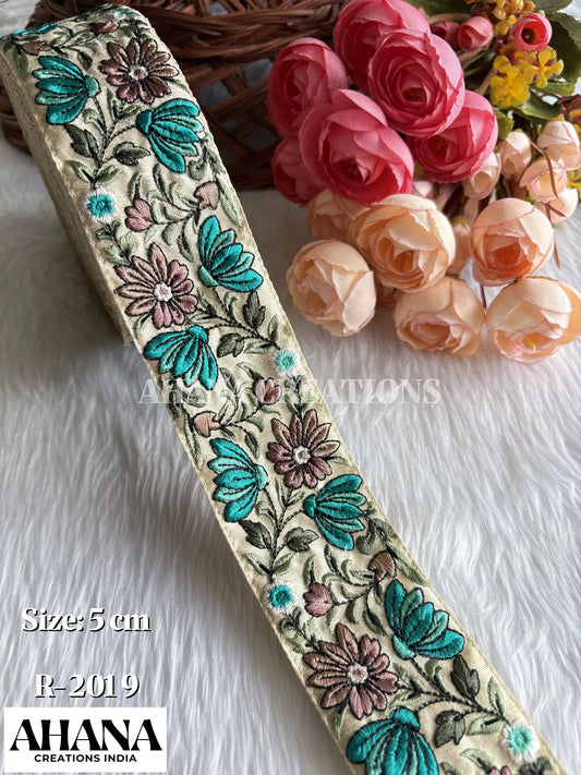 Lira Dupion Multicolor Lace - Beige base with Firoza floral thread work