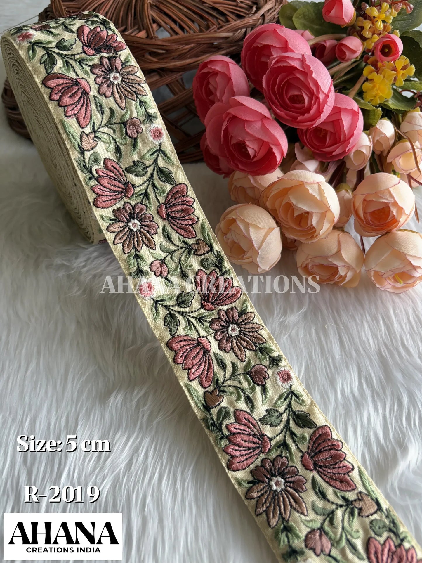 Lira Dupion Multicolor Lace - Beige base with Peach floral thread work
