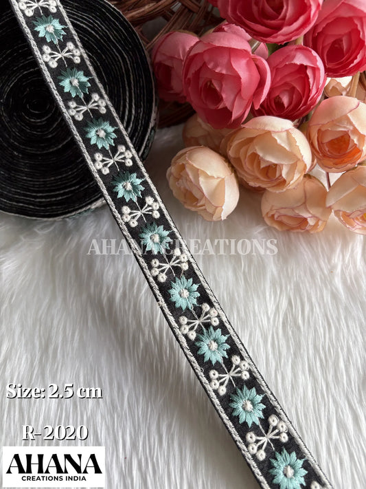 Siya Dupion Dual tone lace - Black base with Aqua floral and white thread work