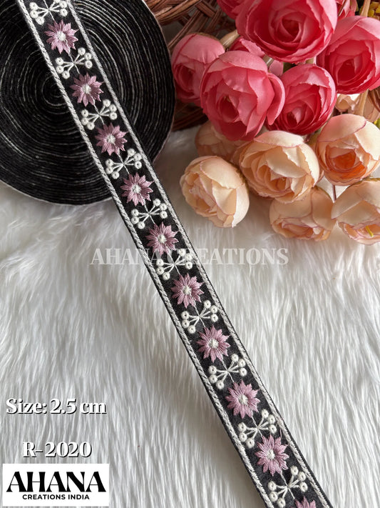 Siya Dupion Dual tone lace - Black base with Lavender floral and white thread work