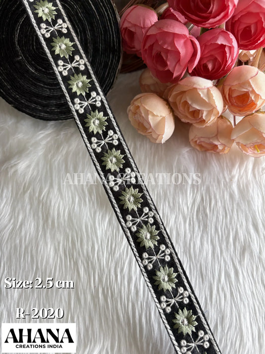 Siya Dupion Dual tone lace - Black base with Sea green floral and white thread work