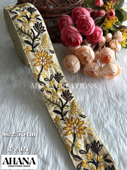 Yara Dupion Multicolor Lace - Beige base with Yellow highlighted floral pattern
