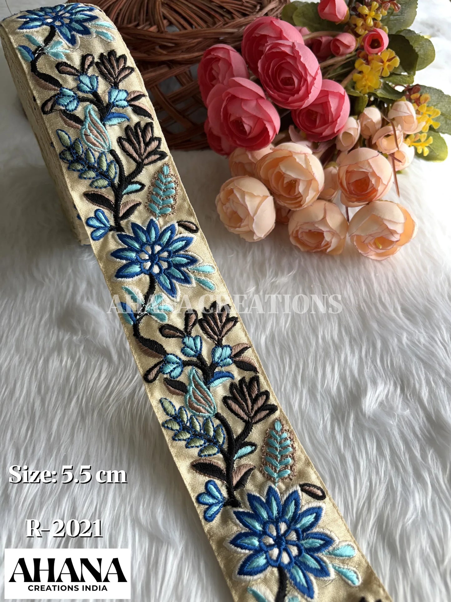 Yara Dupion Multicolor Lace - Beige base with Firoza highlighted floral pattern