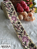 Yara Dupion Multicolor Lace - Beige base with Deep purple highlighted floral pattern in color Deep Purple
