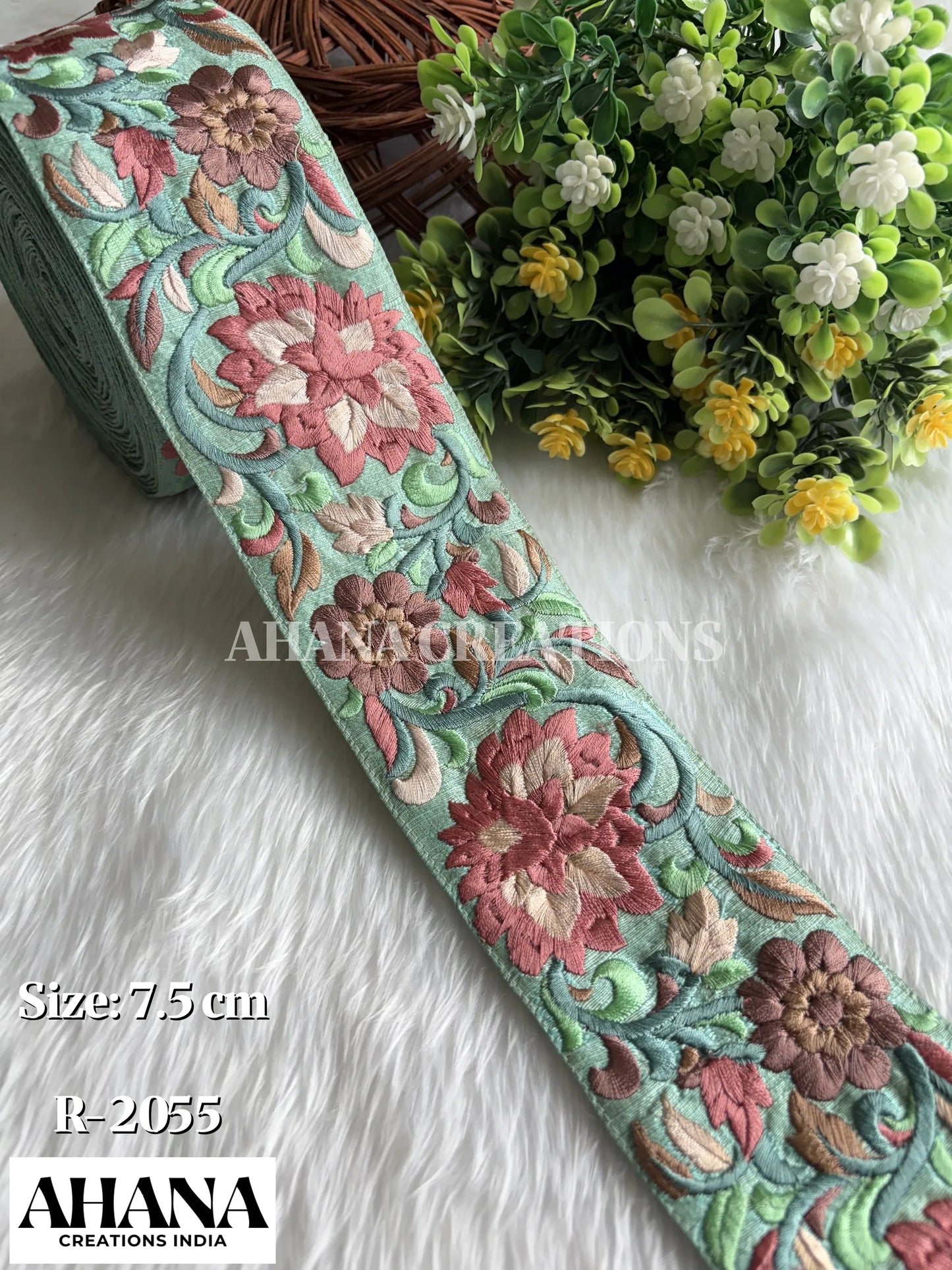 Rina Dupion Multicolor Lace - Sea Green base with Pink highlighted floral work