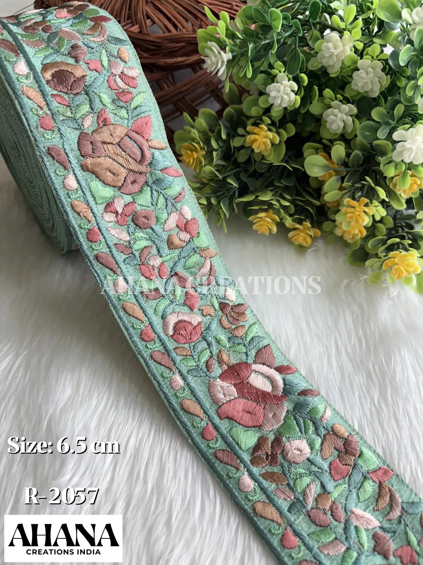 Nira Dupion Multicolor Lace - Sea Green base with Multi thread floral work