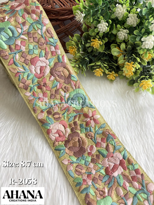 Kiya Dupion Multicolor Lace - Chutney Green base with Multi thread floral work