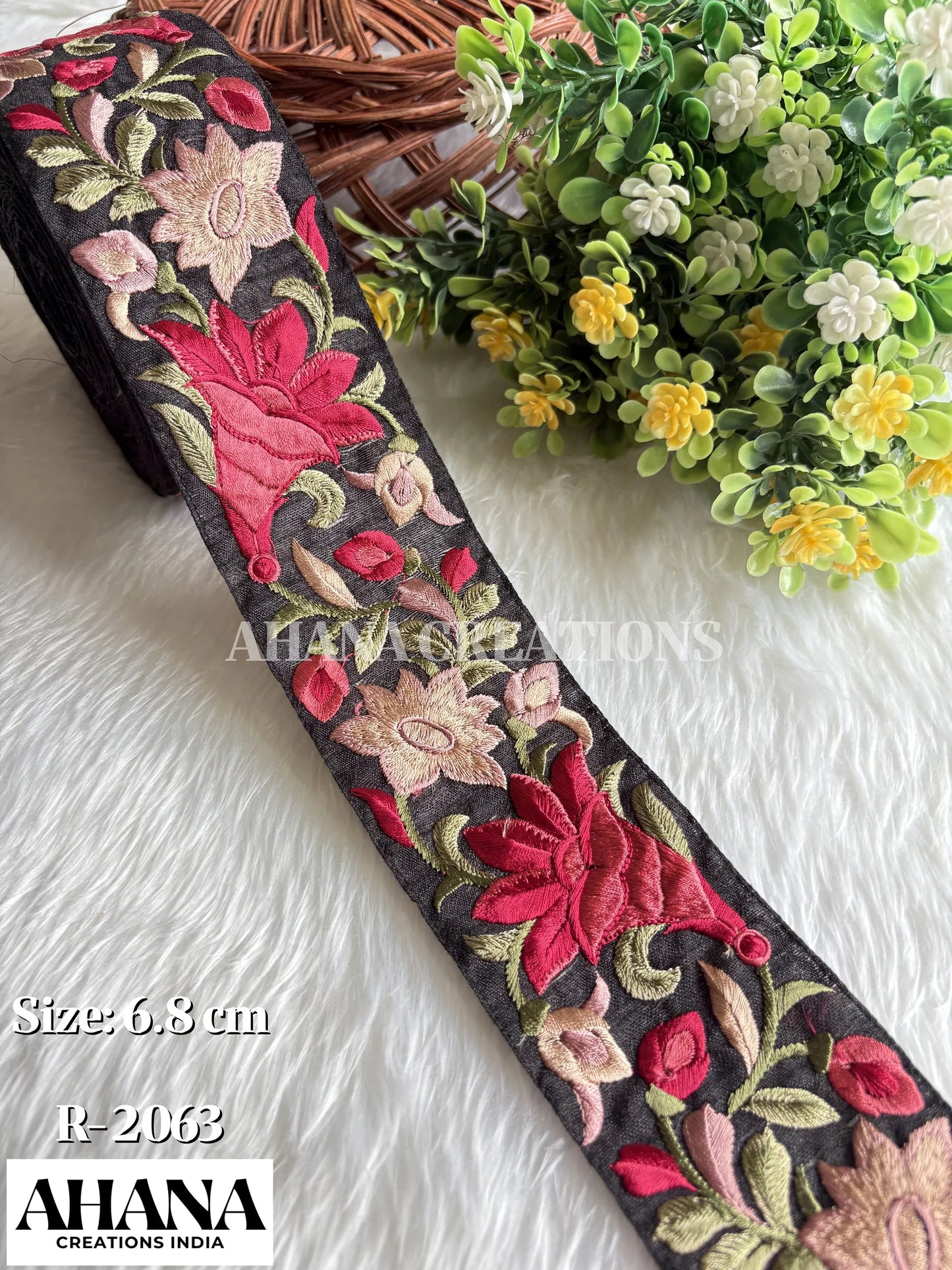 Fari Dupion Multicolor Lace - Black base with Red floral resham work