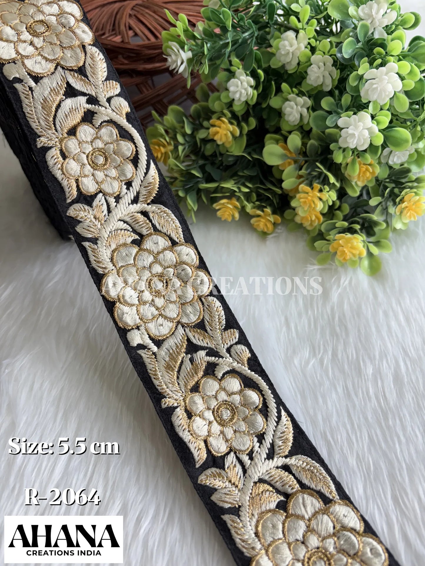 Aanya Dupion Zari Resham Lace - Black base with Floral white thread work