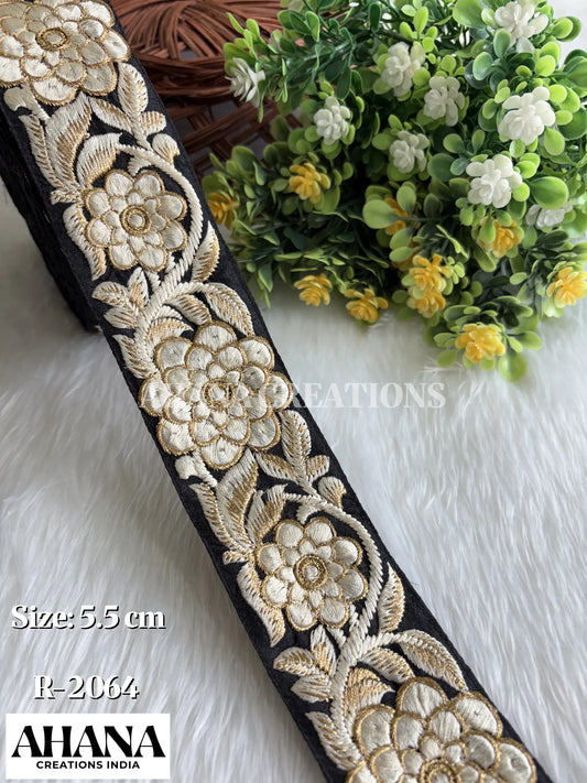 Aanya Dupion Zari Resham Lace - Black base with Floral white thread work