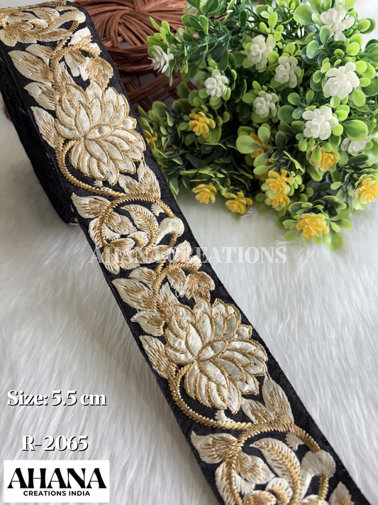 Aanya Dupion Zari Resham Lace - Black base with White floral thread work