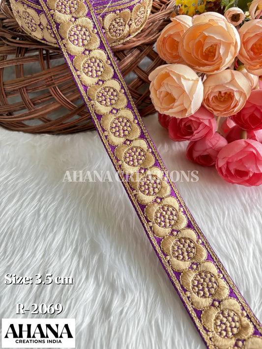 Esha Slub Zari Lace - Purple Wine base with Golden geometrical work