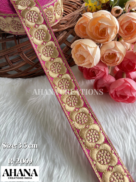 Esha Slub Zari Lace - Pink base with Golden geometrical work