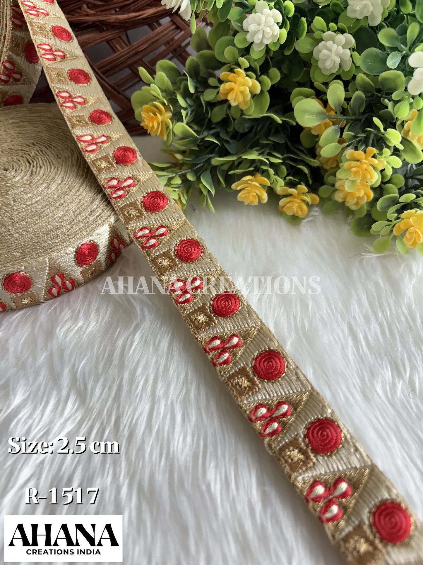 Ria Slub Dupion Dual Tone Lace - Beige base with Red thread work