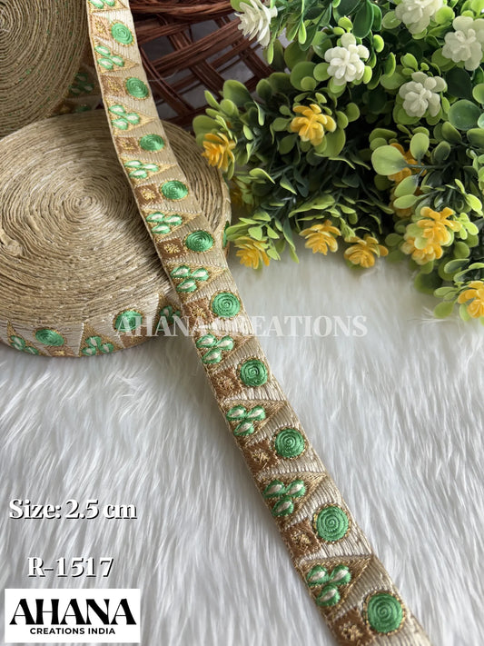 Ria Slub Dupion Dual Tone Lace - Beige base with Peach thread work