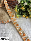 Ria Slub Dupion Dual Tone Lace - Beige base with Peach thread work in color Light Orange