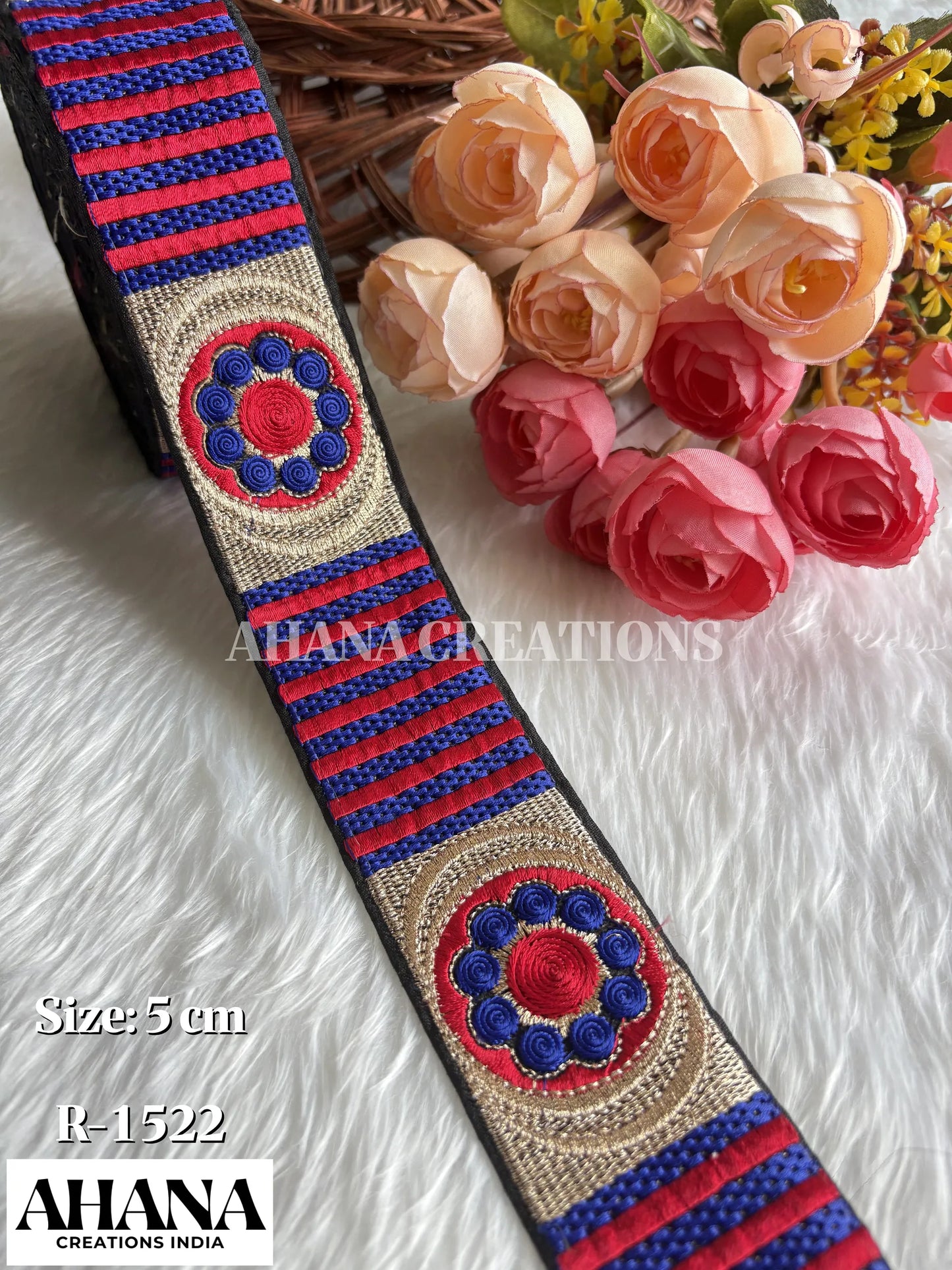 Jiya Dupion Zari Resham Lace - Black base with Red-Blue thread work