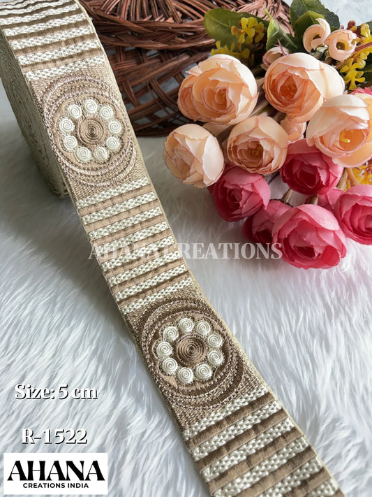 Jiya Dupion Zari Resham Lace - Beige base with White-chikoo thread work