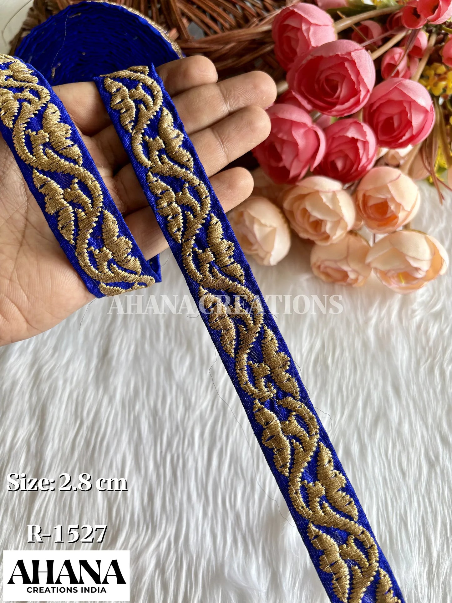 Aira Dupion Zari Lace - Dark Blue base with Golden Zari work
