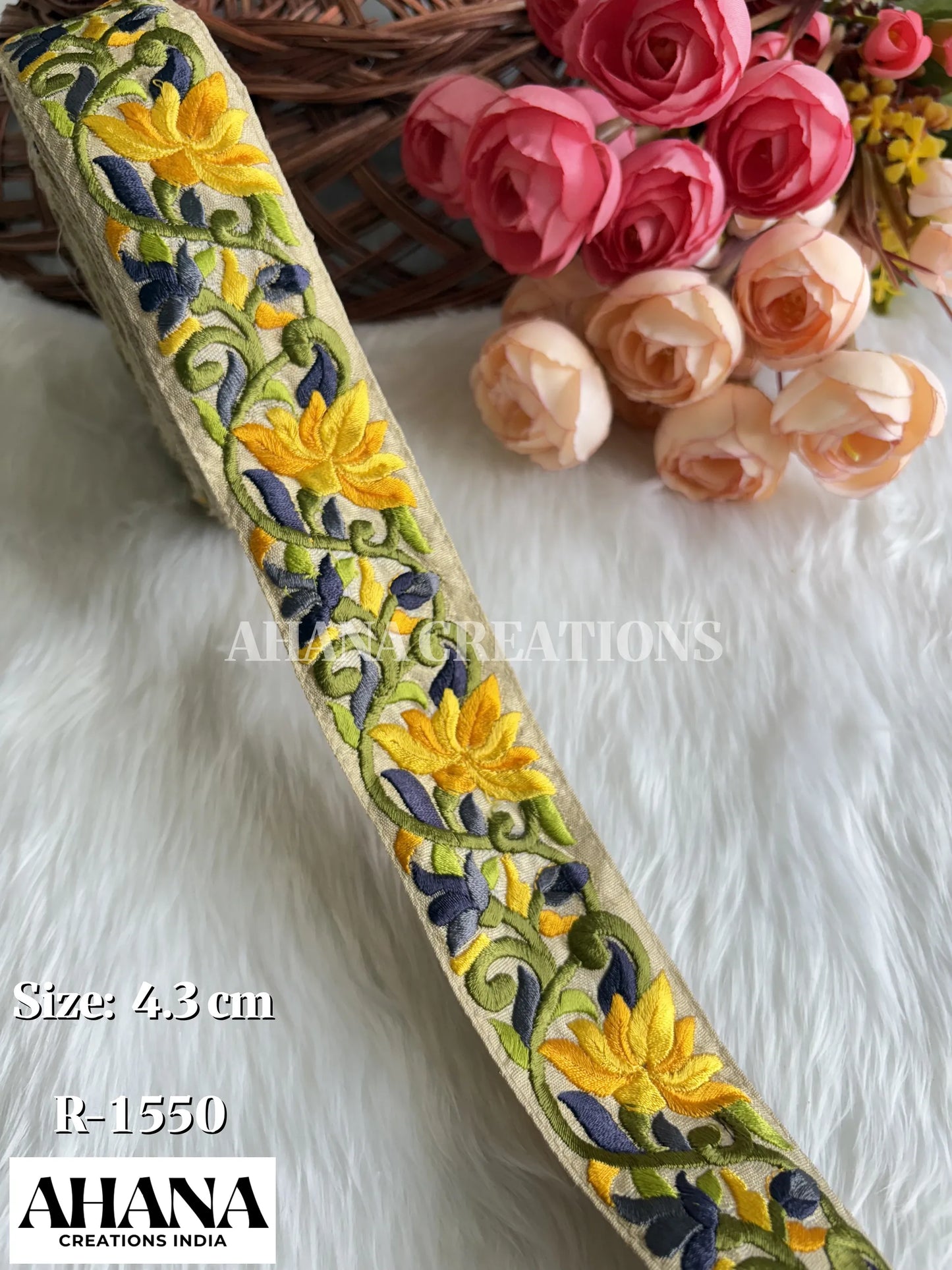 Nysa Dupion Multicolor Lace - Beige base with Yellow floral work