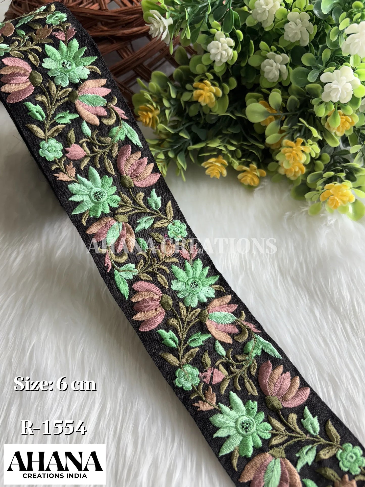 Premium Slub Multicolor Lace - Black base with Sea green floral thread work