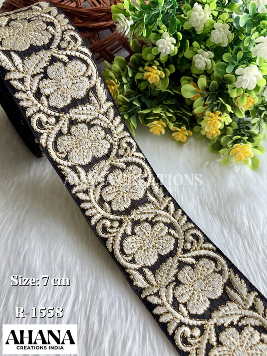 Premium Slub Dual Tone Lace - Black base with White thread and zari outline work