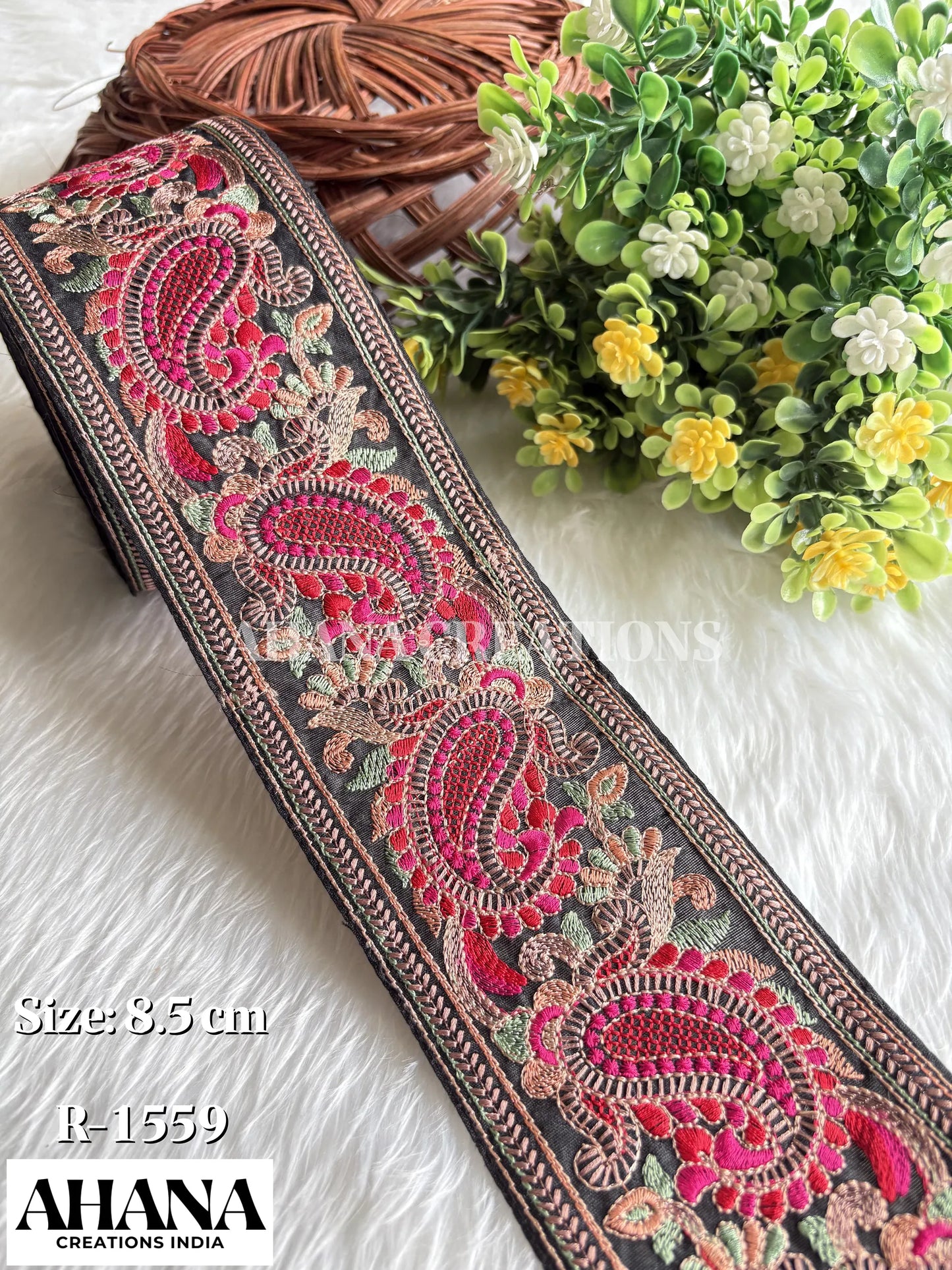 Noor Dupion Kashmiri Lace - Black base with Multicolor thread work