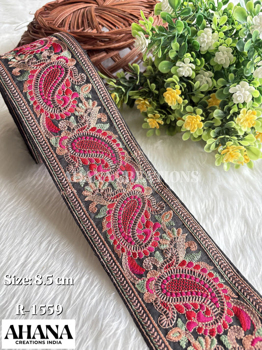 Noor Dupion Kashmiri Lace - Black base with Multicolor thread work