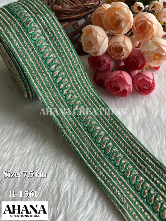 Haya Lama Mono Zari Lace - Gold base with Green resham and antique zari work