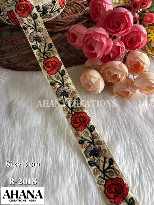 Sana Dupion Multicolor Lace - Beige base with Dark Red floral thread work