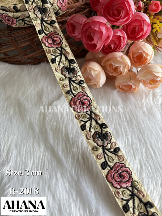 Sana Dupion Multicolor Lace - Beige base with Light Orange floral thread work